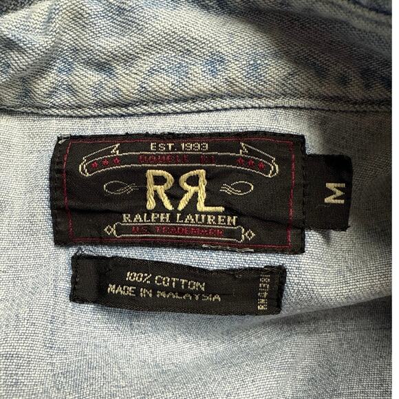 Double RRL Ralph Lauren Mens Size Medium Denim Shirt Light Wash Western Flaws - Picture 4 of 8